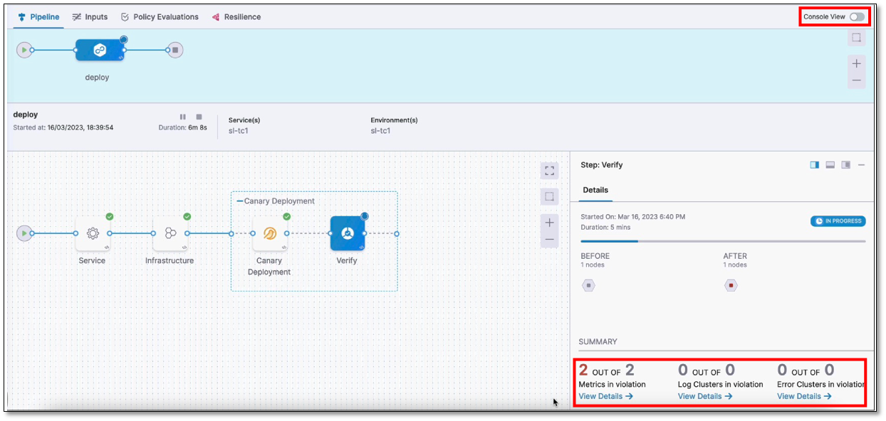 Verification step console view