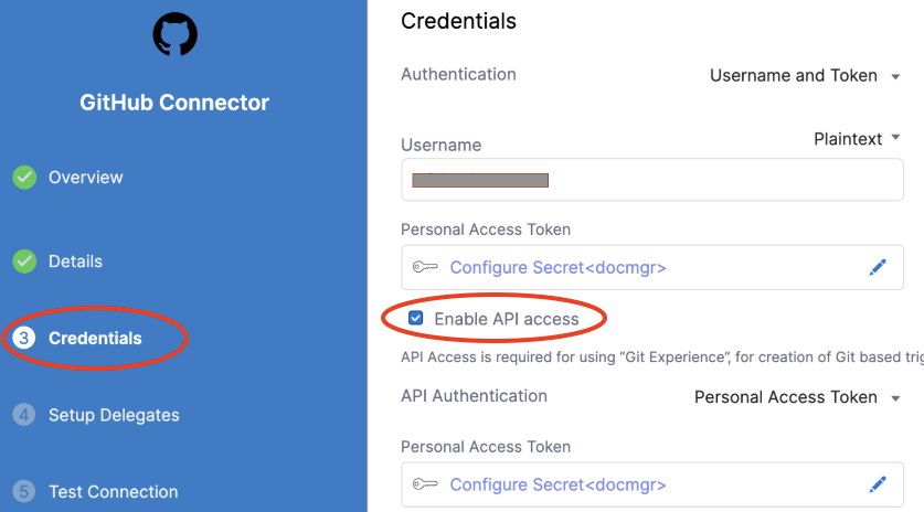 New Git Connector form with **Enable API access** checkbox selected