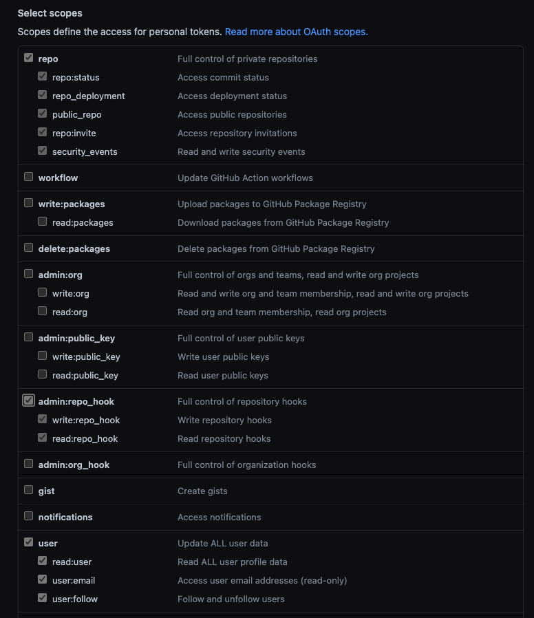 GitHub personal access token scopes.